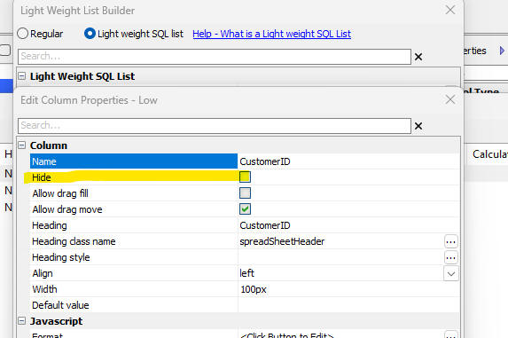 Column editor showing the Hide property
